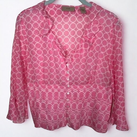 i.e. Tops - i.e. feminine y2k pink silk blouse with ruffle scoop neckline and bell sleeves L